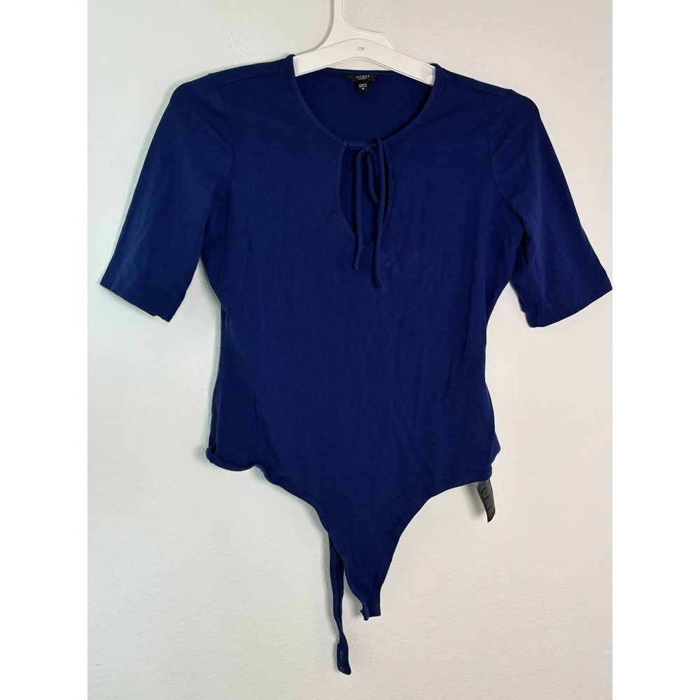 Guess Los Angeles Navy Blue Keyhole Tie Neck Short Sleeve Bodysuit Medium
